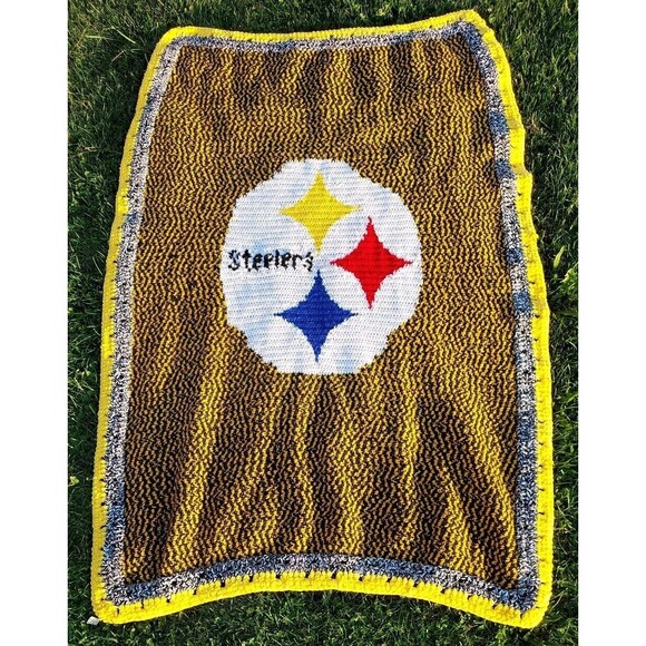 Vintage Handmade Crochet Pittsburgh STEELERS Afghan 42" X 80" - Picture 1 of 7